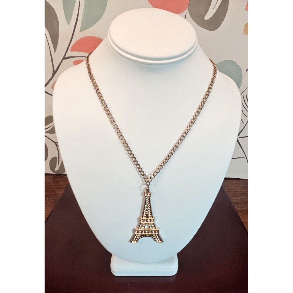 Vintage Rose Gold Tone Opera Style Necklace w/ Eiffel Tower Pendant 27.5"